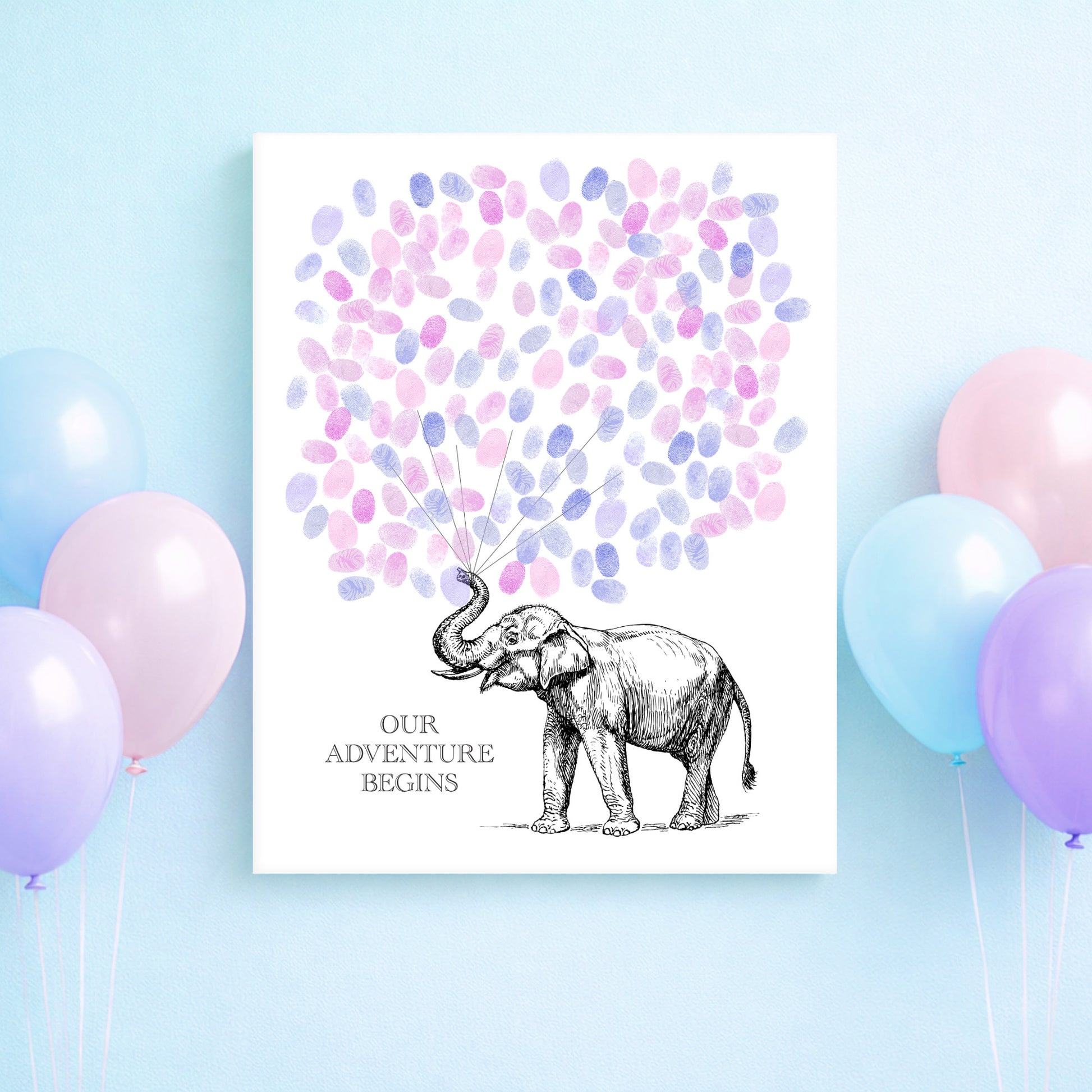 Poster with an elephant illustration and colorful balloons on a light blue background