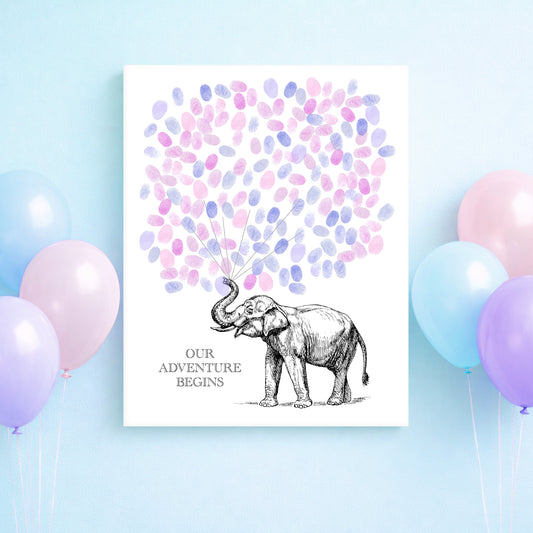Poster with an elephant illustration and colorful balloons on a light blue background