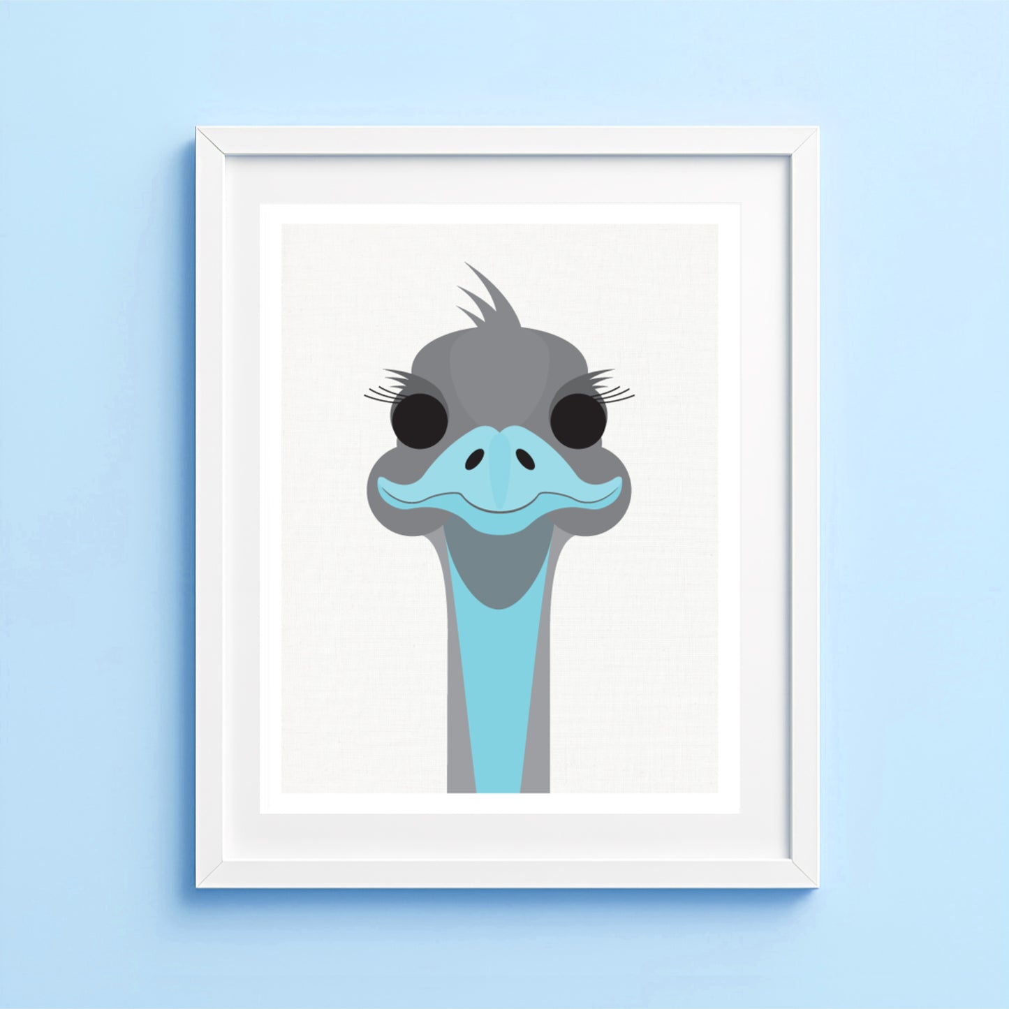 Illustration of an emu on a light blue background