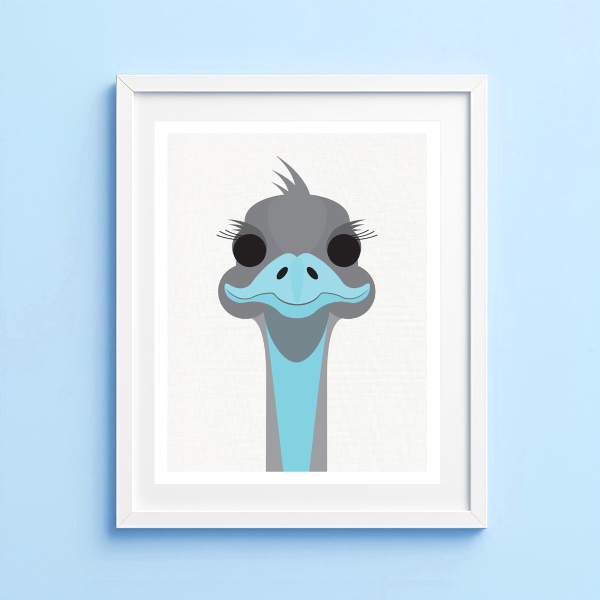Illustration of an emu on a light blue background