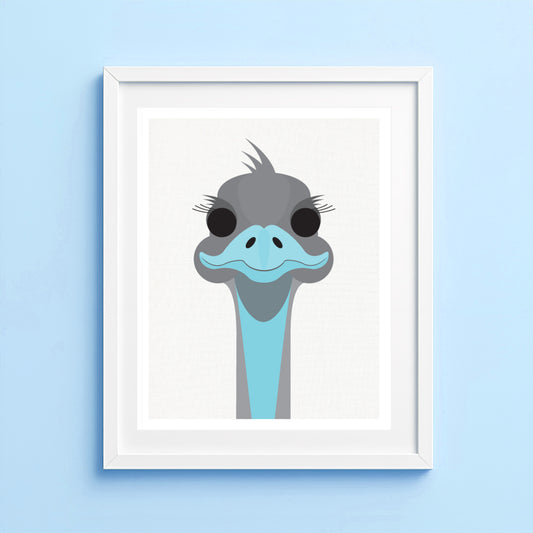 Illustration of an emu on a light blue background