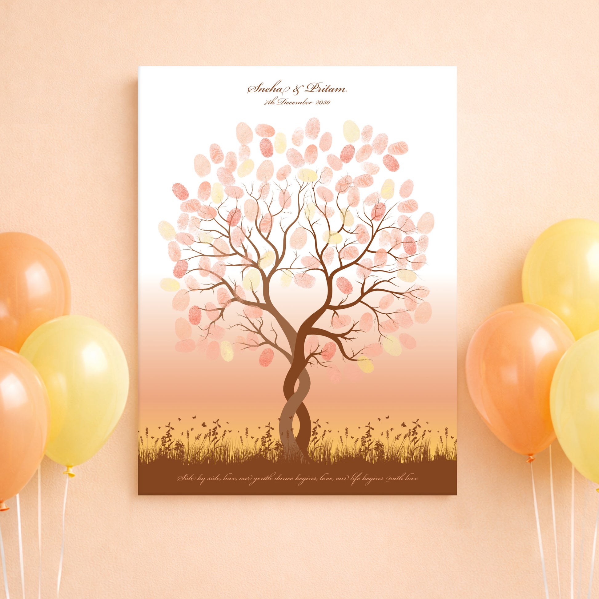 Decorative fingerprint poster with a tree design and balloons on a peach background