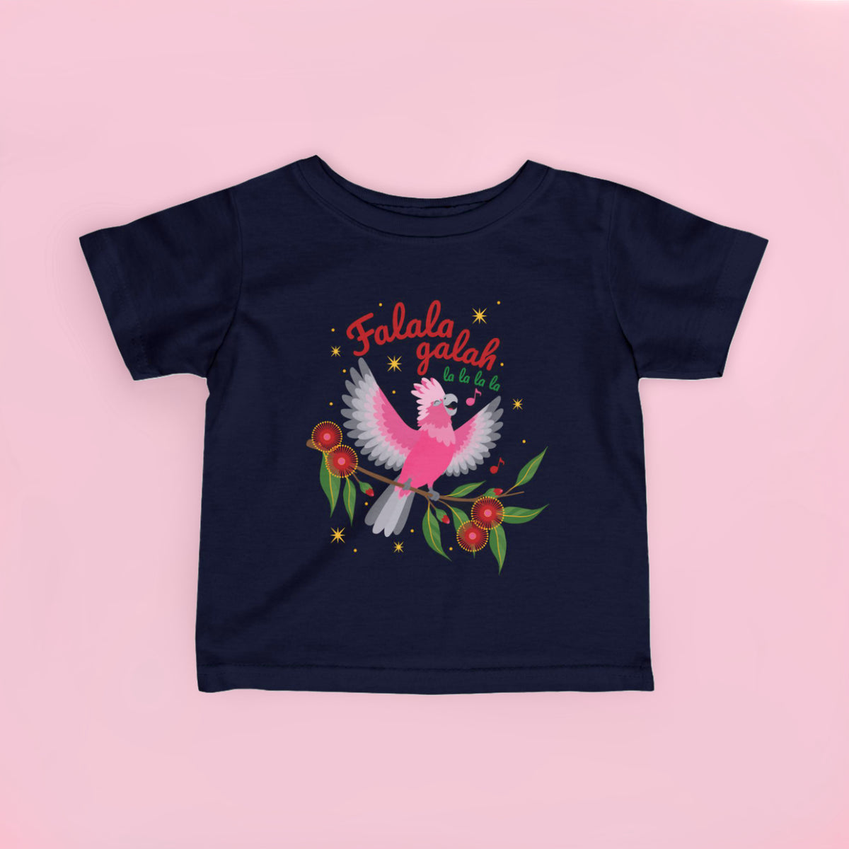 Kids Christmas t shirt featuring a colourful pink and grey Australian galah with Fa La La La La lettering