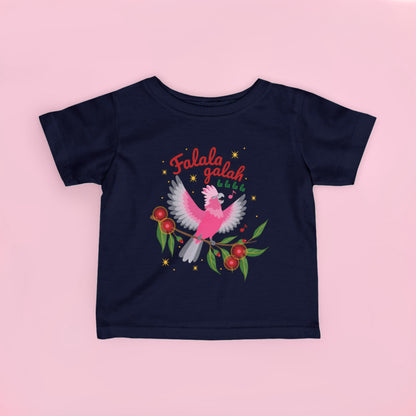 Kids Christmas t shirt featuring a colourful pink and grey Australian galah with Fa La La La La lettering