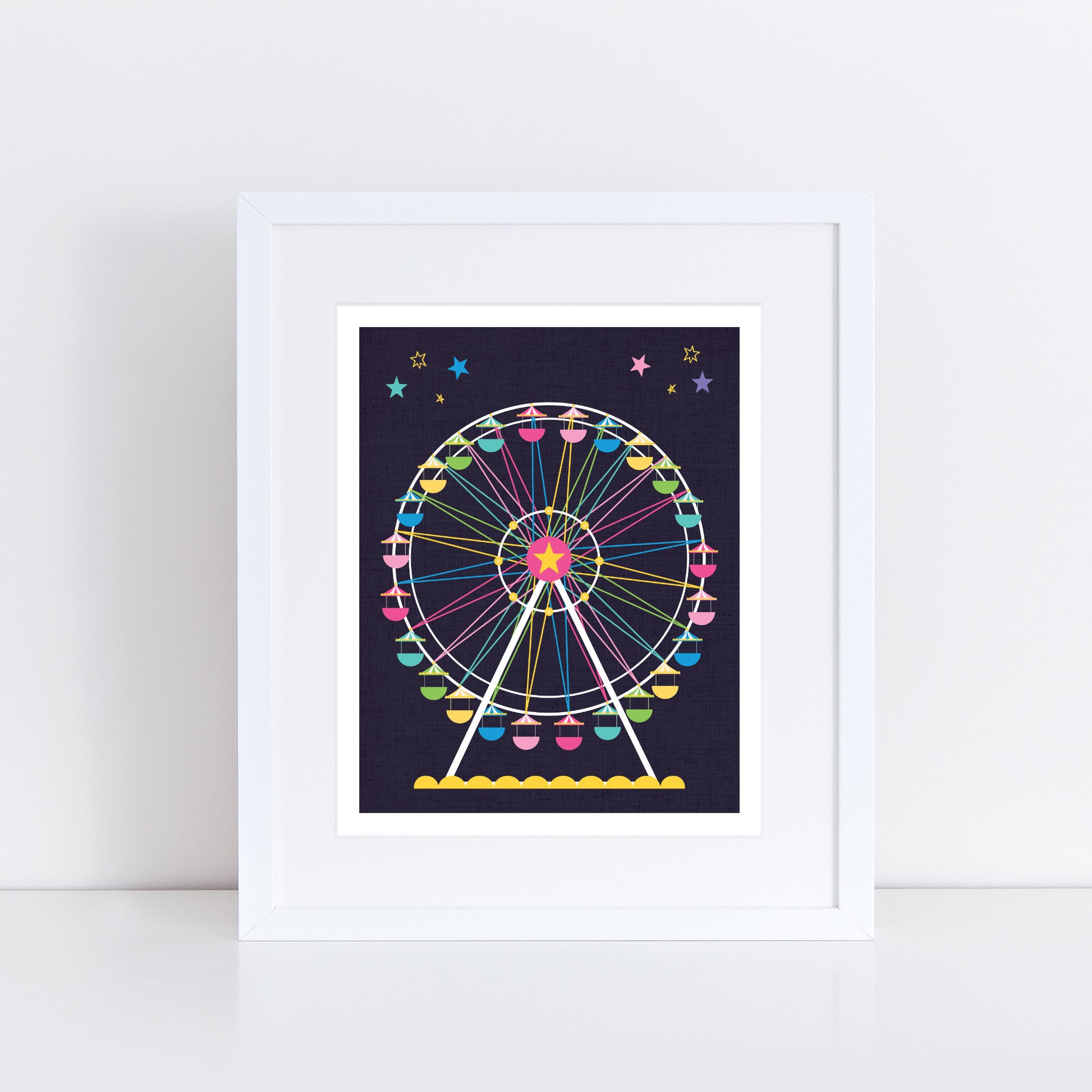 Artwork of a colorful Ferris wheel on a dark background