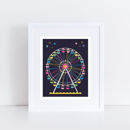Artwork of a colorful Ferris wheel on a dark background