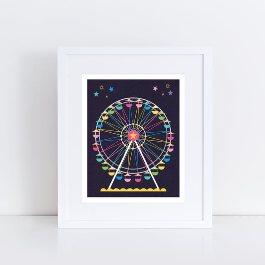 Artwork of a colorful Ferris wheel on a dark background