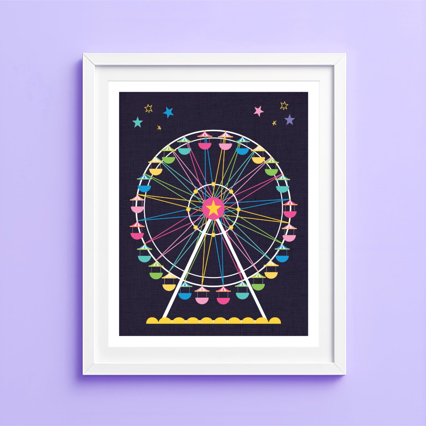 Artwork of a colorful Ferris wheel with stars