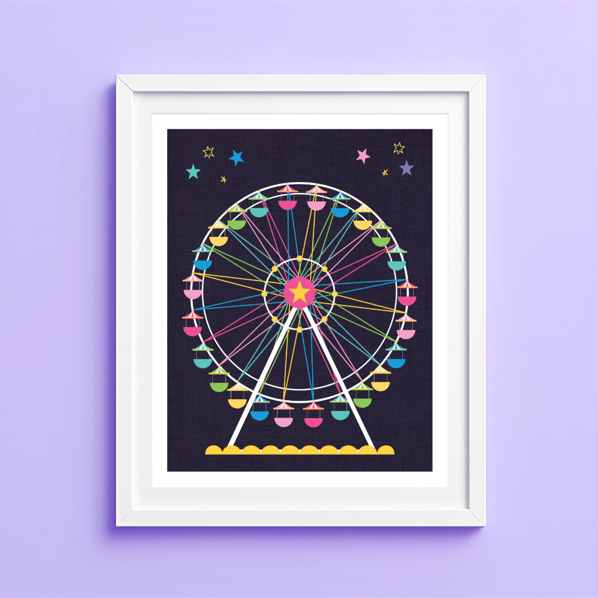 Artwork of a colorful Ferris wheel with stars