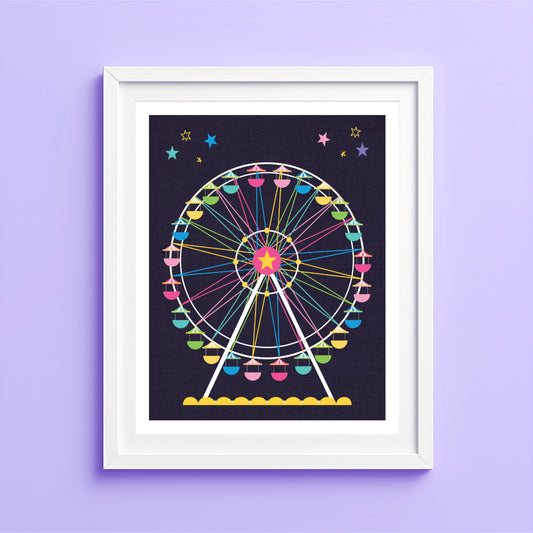Artwork of a colorful Ferris wheel with stars