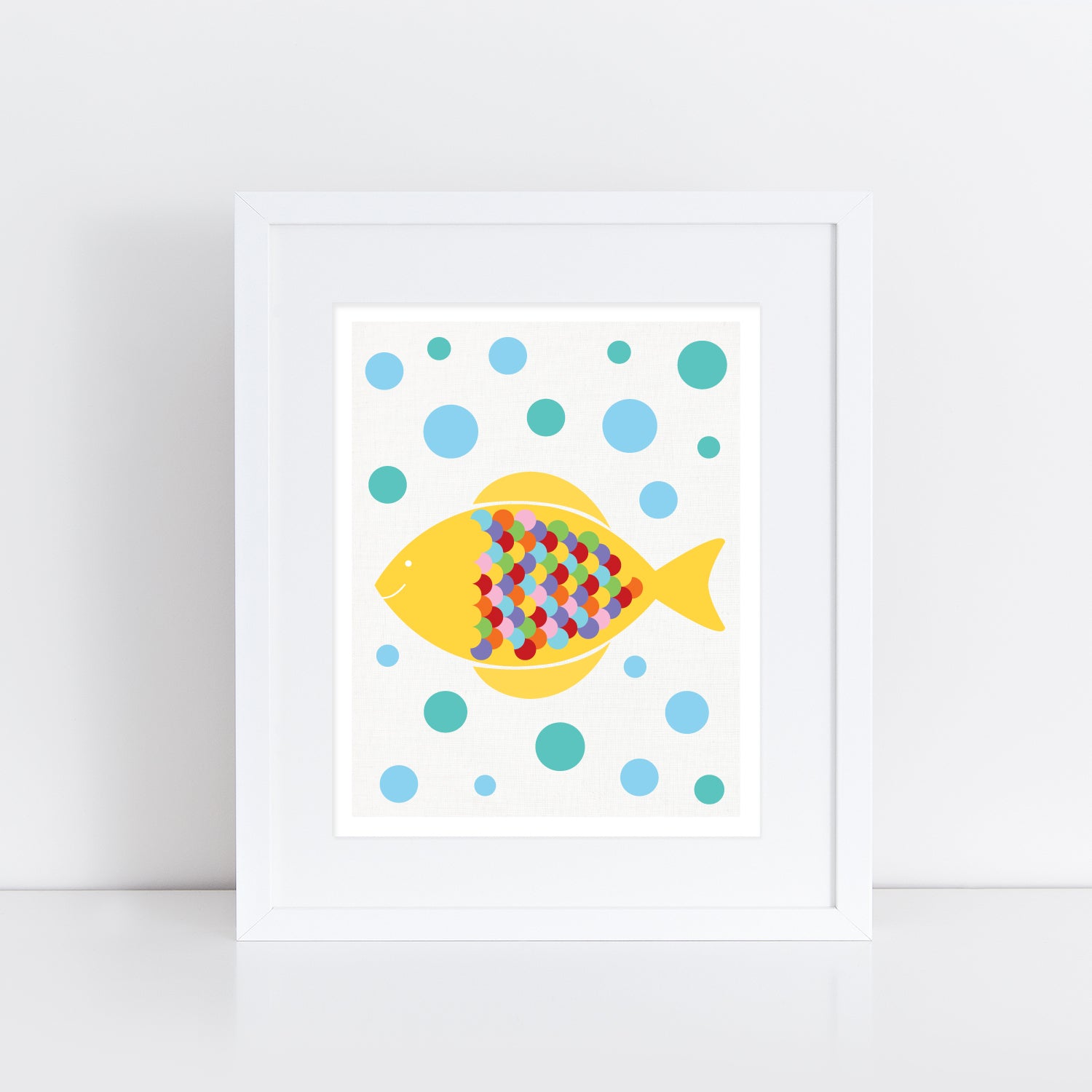 colourful yellow fish print with bubbles