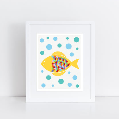 colourful yellow fish print with bubbles