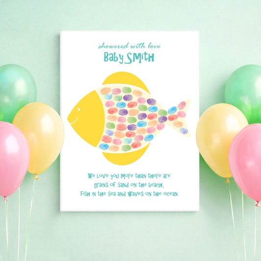 Baby shower guest book poster with colorful fish design and balloons on a light green background