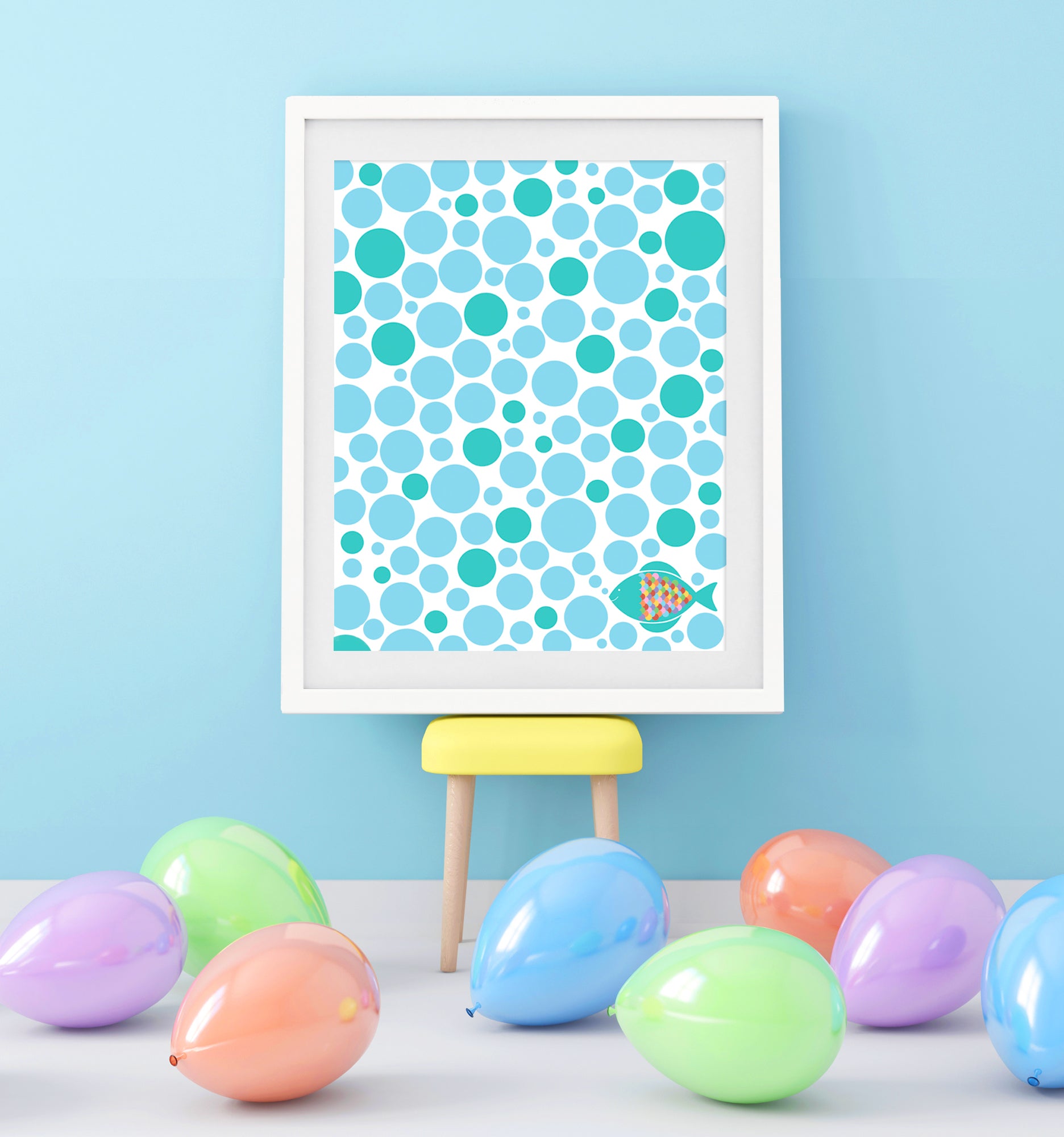 blue party room with balloons and poster in the middle with fish design with lots of bubbles
