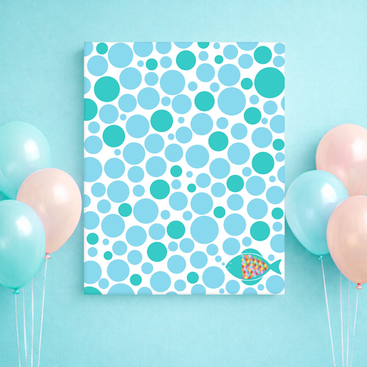 Guest book poster at a party with bubbles and fish design in blues and turquoise 
