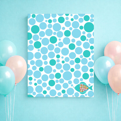 Guest book poster at a party with bubbles and fish design in blues and turquoise 