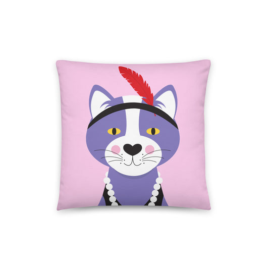cute cushion cover with 1920s flapper cat illustration on a pretty pink background.