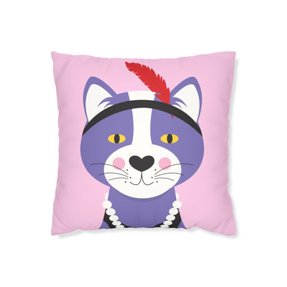 cushion cover with an illustration of a purple cat dressed as a flapper on a pretty pink background.