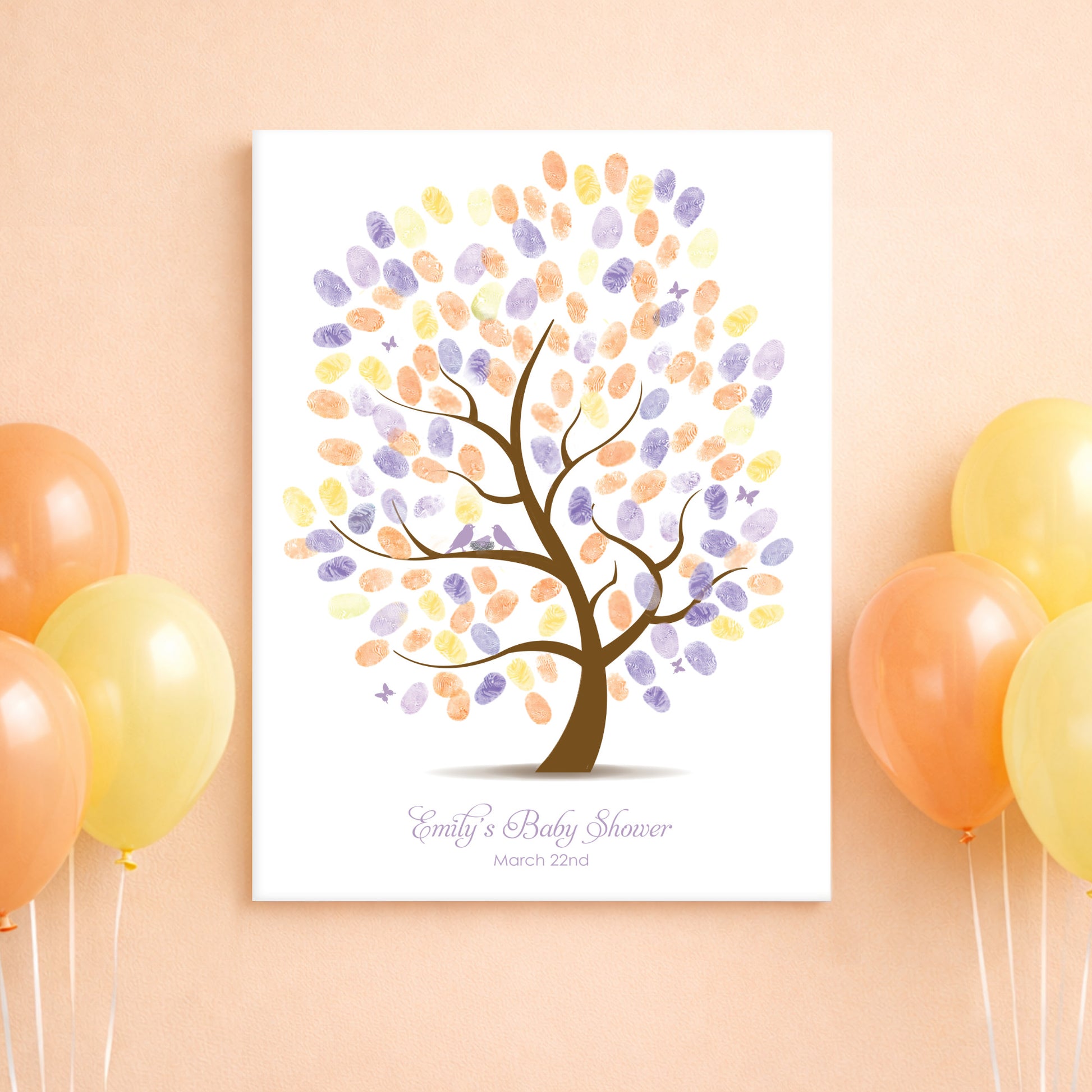 Fingerprint tree artwork at a baby shower with balloons 