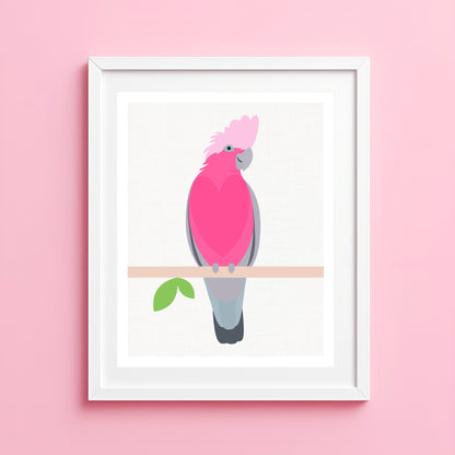 Illustration of a pink galah parrot on a branch with a white border against a pink background