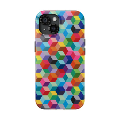 phone case featuring bright, colourful, and playful rainbow cubes, inspired by op art and patchwork patterns