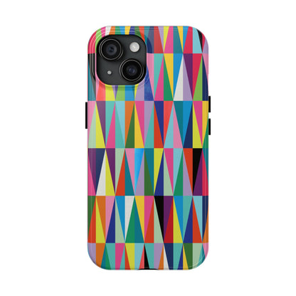 Phone case in bright, colourful, and playful geometric shapes. Featuring a mix of diamonds and triangles in vibrant rainbow shades, 