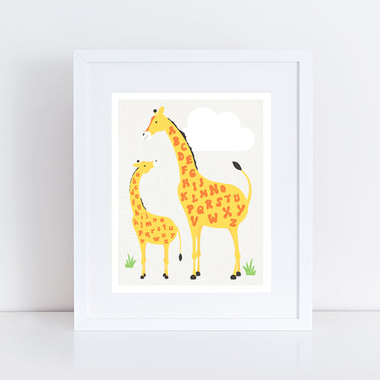 Illustration print of mummy and baby giraffe with the alphabet on them in a frame