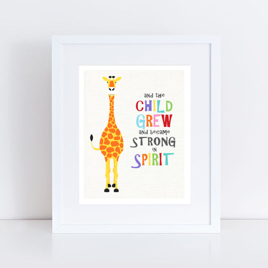 olourful giraffe illustration. 'and the child grew and became strong in spirit