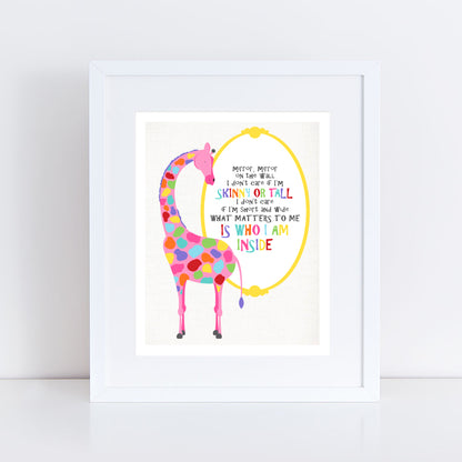 pink giraffe by a mirror with lovely inspiration quote inside