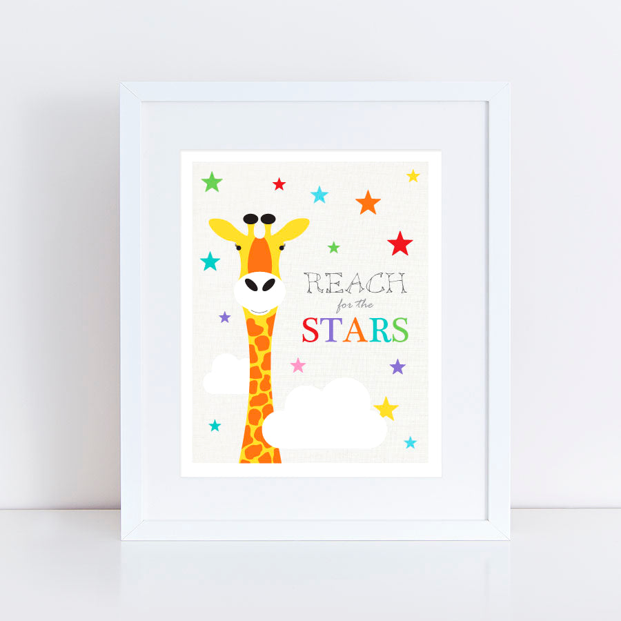 giraffe illustration surrounded by stars with the saying 'reach for the stars