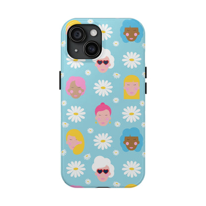 phone case showcases a cheerful and lively pattern of female faces with unique hairstyles, surrounded by delicate daisies on a light blue background