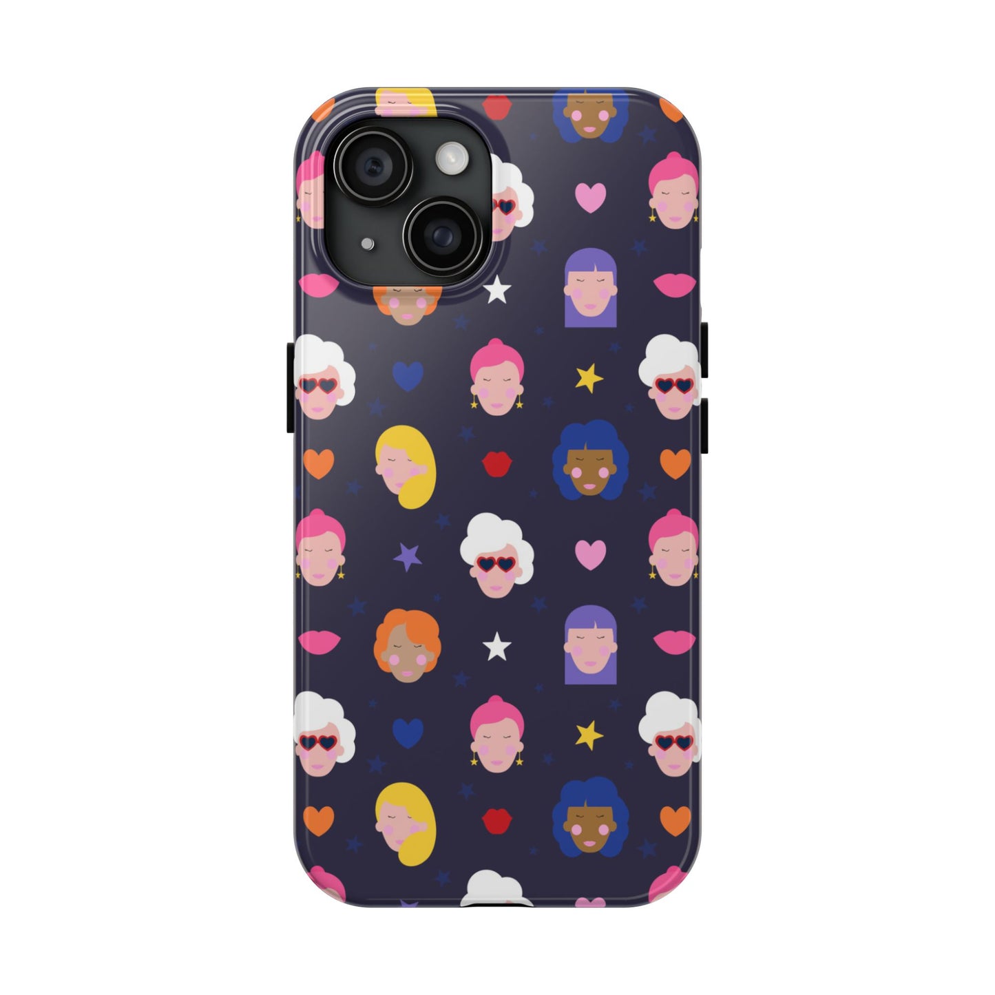 phone case showcases a playful and vibrant pattern of female faces, complete with fun hairstyles and accessories. Set against a dark backdrop and accented with hearts, stars, and lips