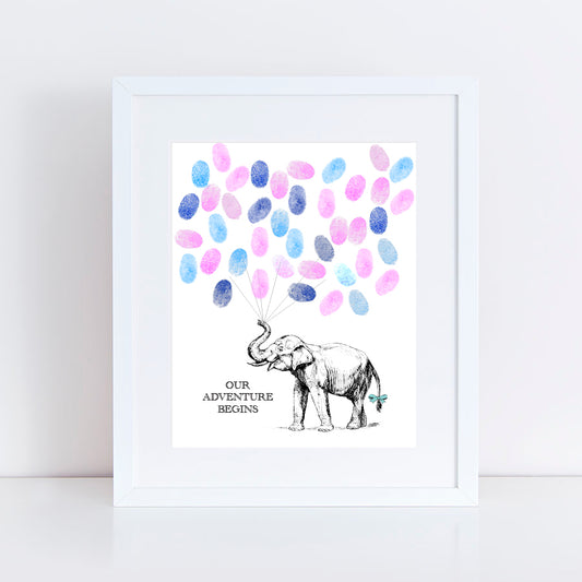 Elephant guest book print in frame for baby shower with guests fingerprints as balloons