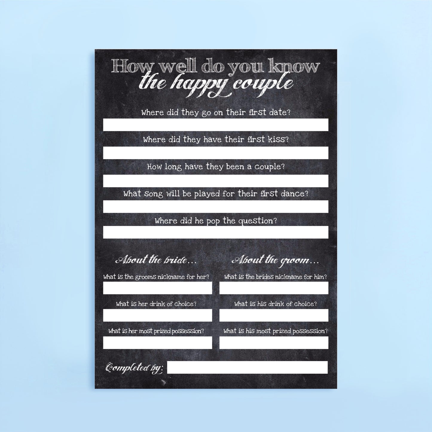 Questionnaire titled 'How well do you know the happy couple' on a black background with white text.