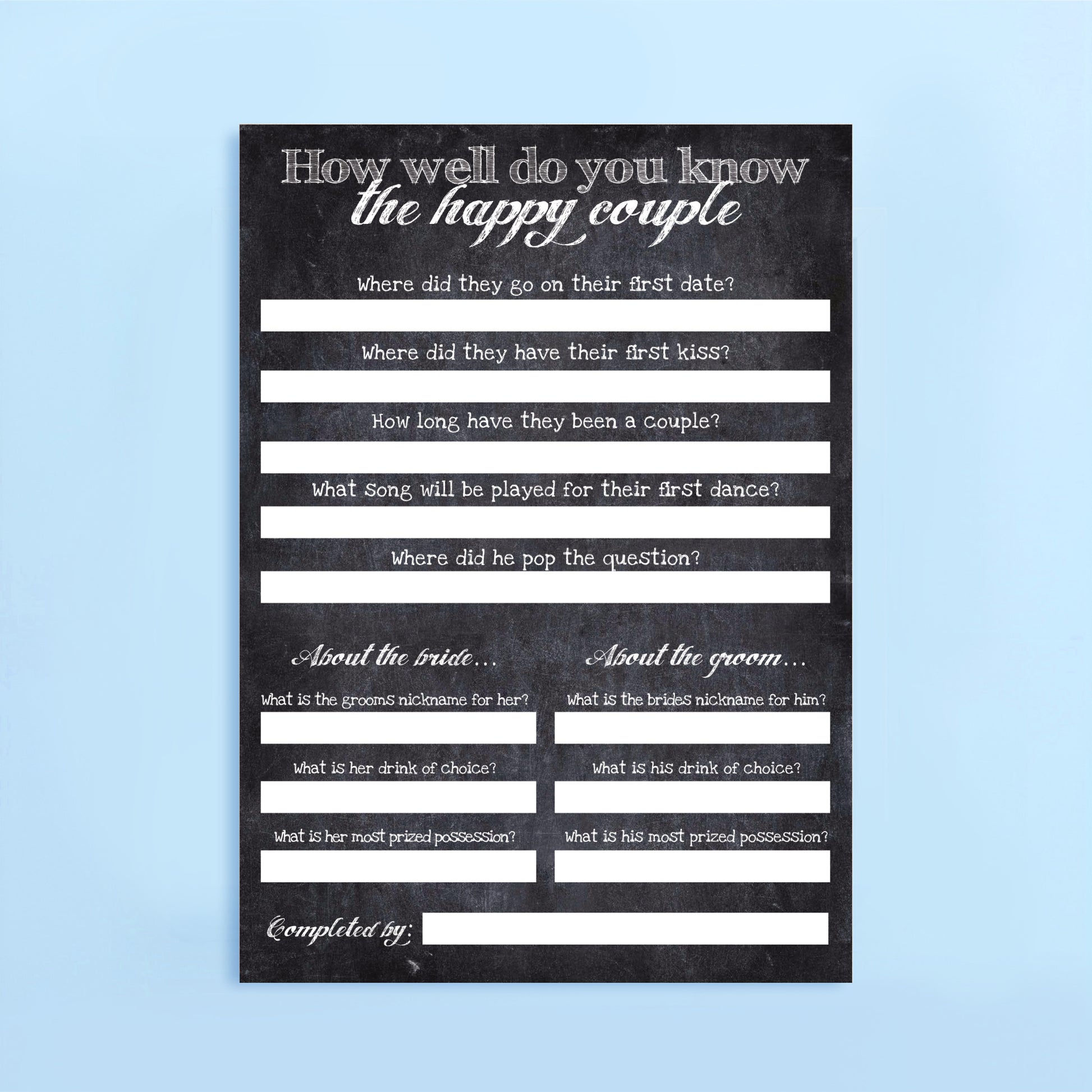 Questionnaire titled 'How well do you know the happy couple' on a black background with white text.