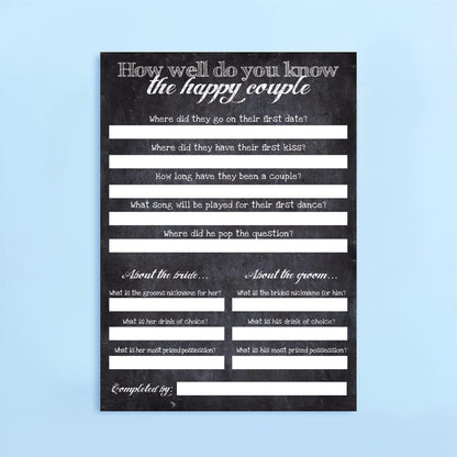 Questionnaire titled 'How well do you know the happy couple' on a black background with white text.