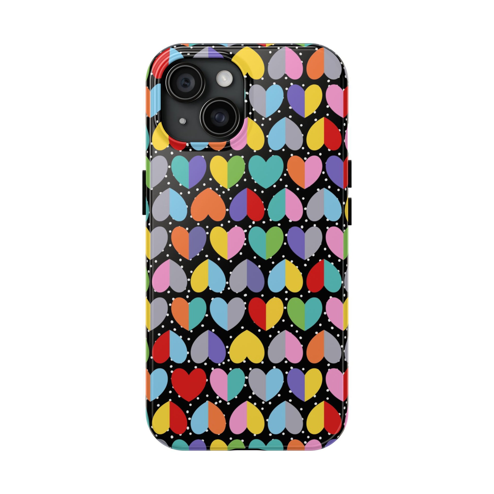 Phone case with colorful heart pattern on a black background
