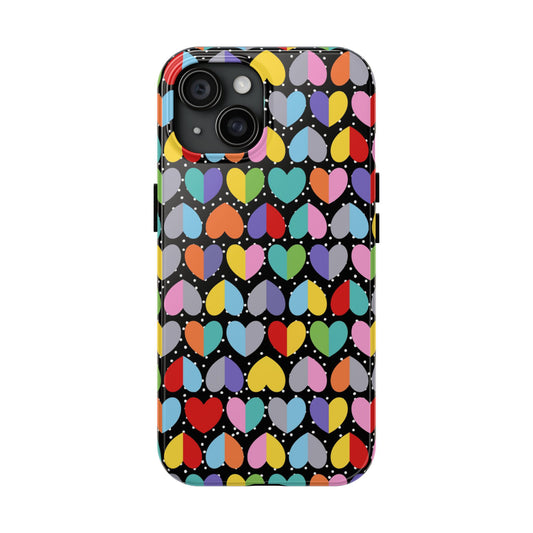 Phone case with colorful heart pattern on a black background
