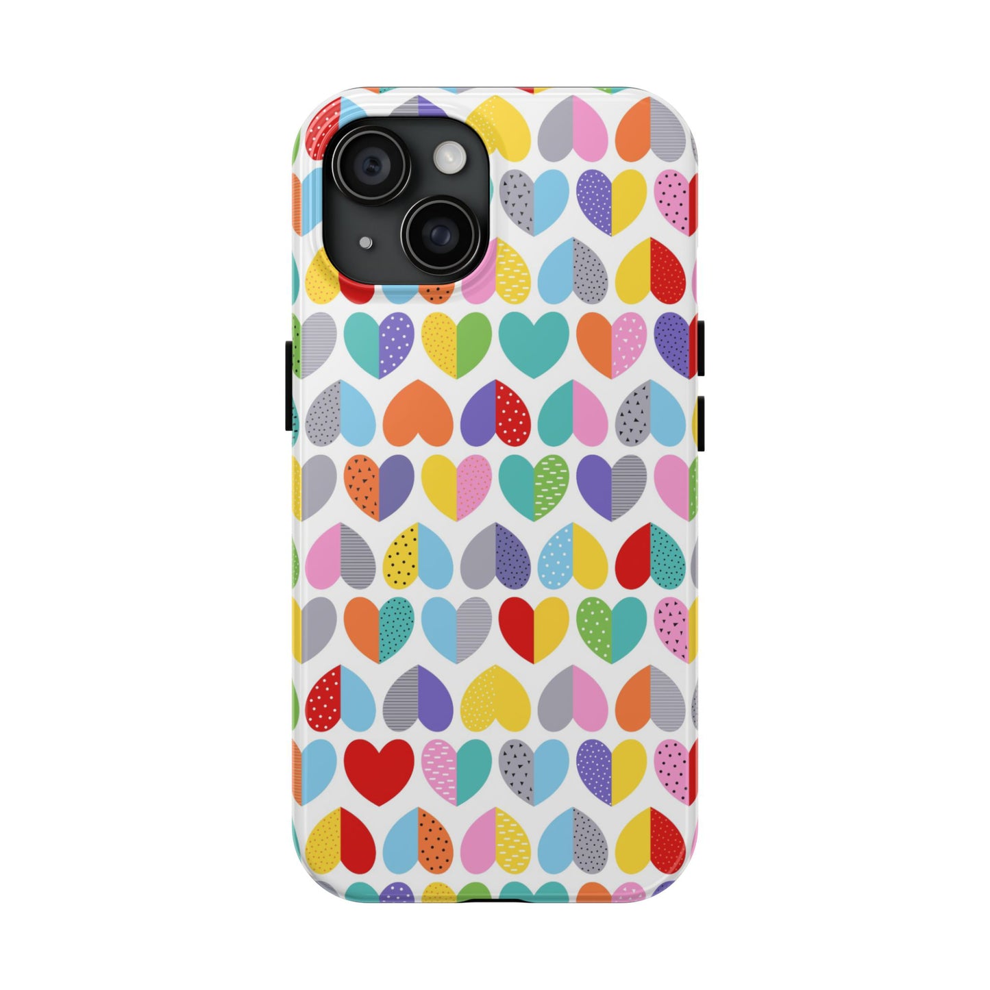 Phone case with colorful heart pattern on a white background