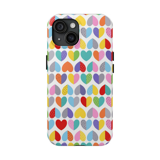 Phone case with colorful heart pattern on a white background