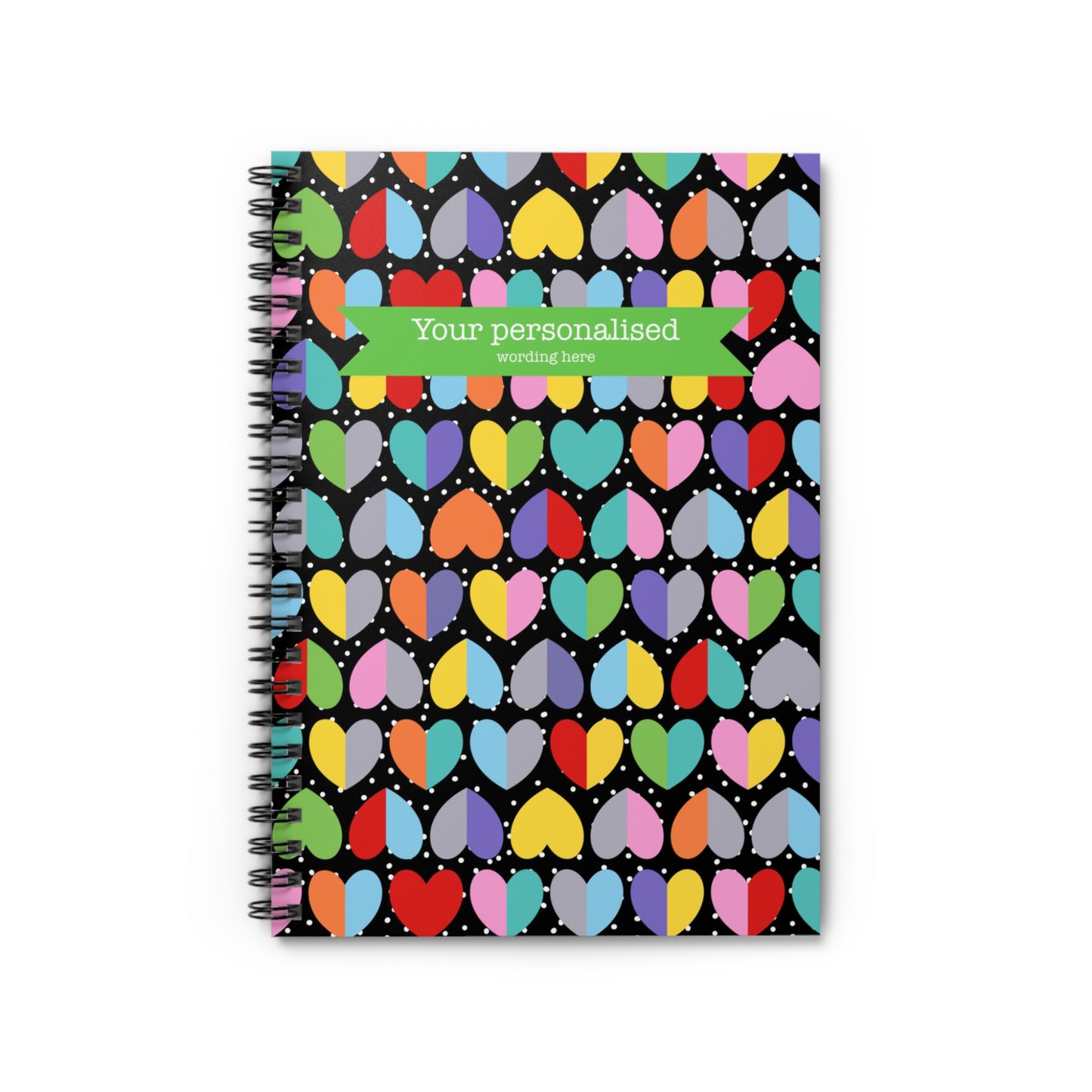 Cute and colourful love heart pattern spiral notebook with personalised text on the front cover