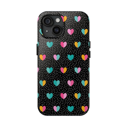 phone case showcases a playful and vibrant design with colourful hearts sprinkled across a black backdrop