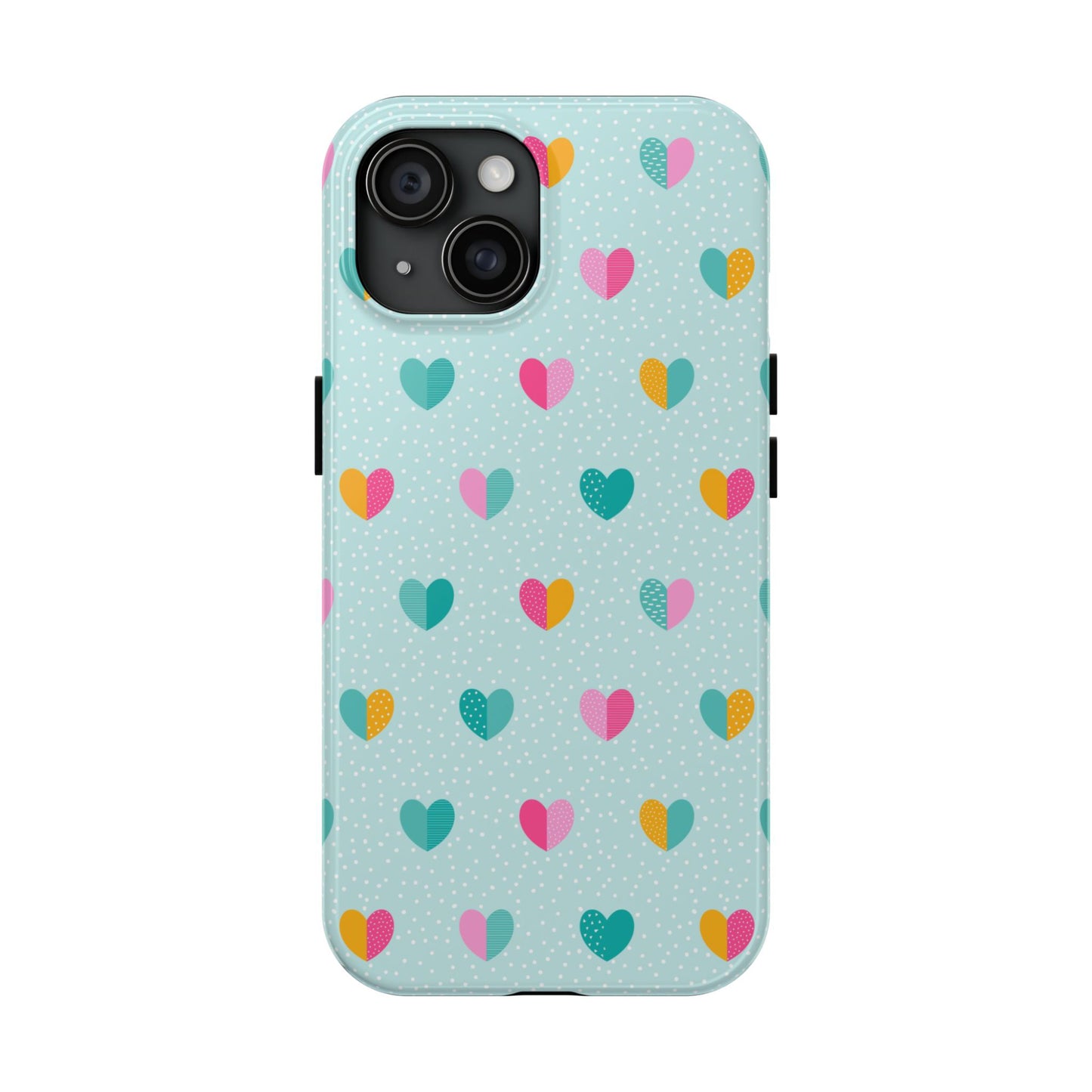 phone case showcases a playful and vibrant design with colourful hearts sprinkled across an aqua backdrop