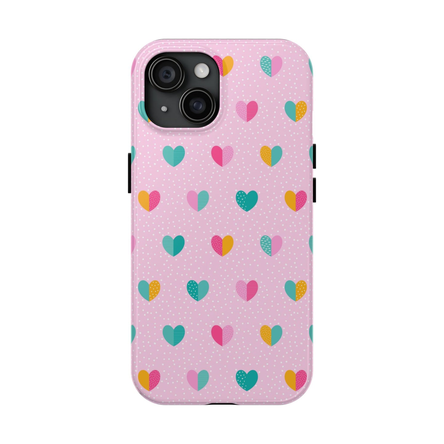 phone case showcases a playful and vibrant design with colourful hearts sprinkled across a pink backdrop