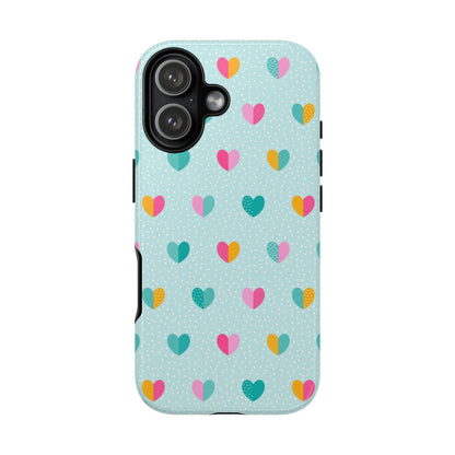 iPhone 17 case with colorful heart pattern on a light blue background