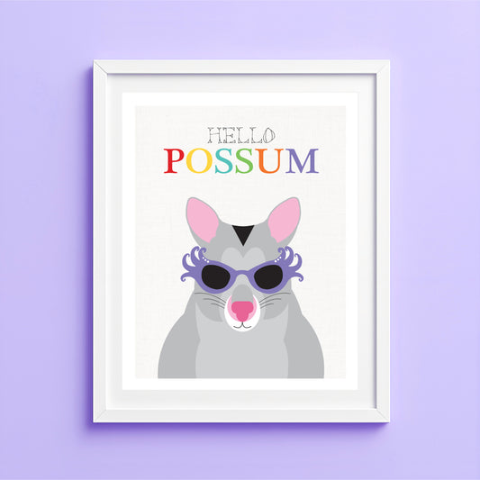 Framed artwork of a possum with sunglasses and 'Hello Possum' text on a purple wall