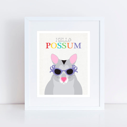  native Australian animal possum with sunglasses and Hello possum above