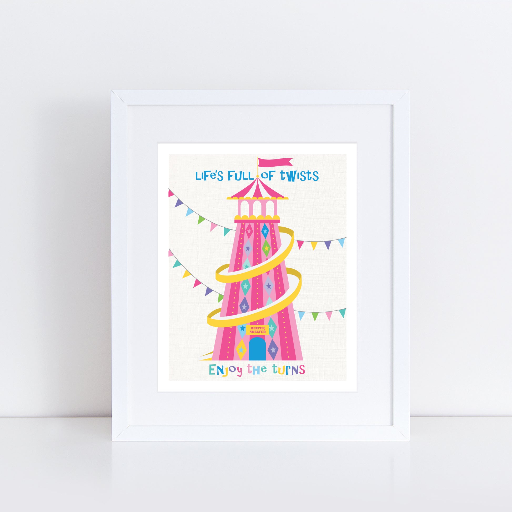  artwork with a colorful illustration of a fairground helter skelter and text on a white background