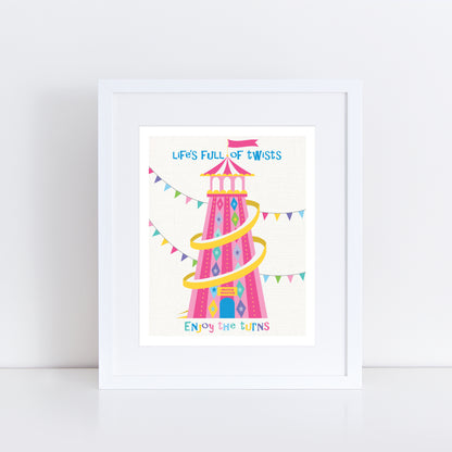  artwork with a colorful illustration of a fairground helter skelter and text on a white background