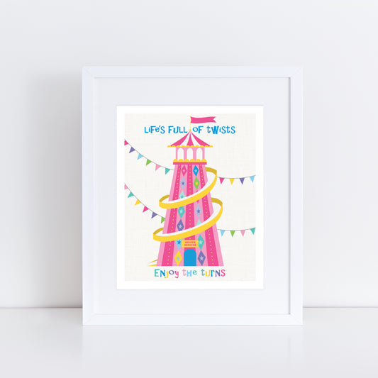  artwork with a colorful illustration of a fairground helter skelter and text on a white background